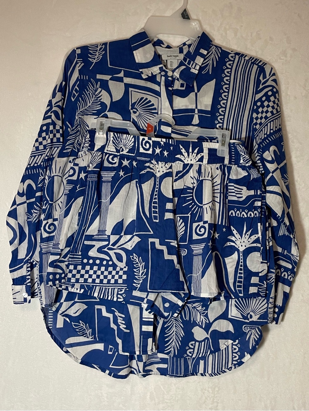 Haute Hippie Blue and White Abstract Button-Down Shirt & Shorts